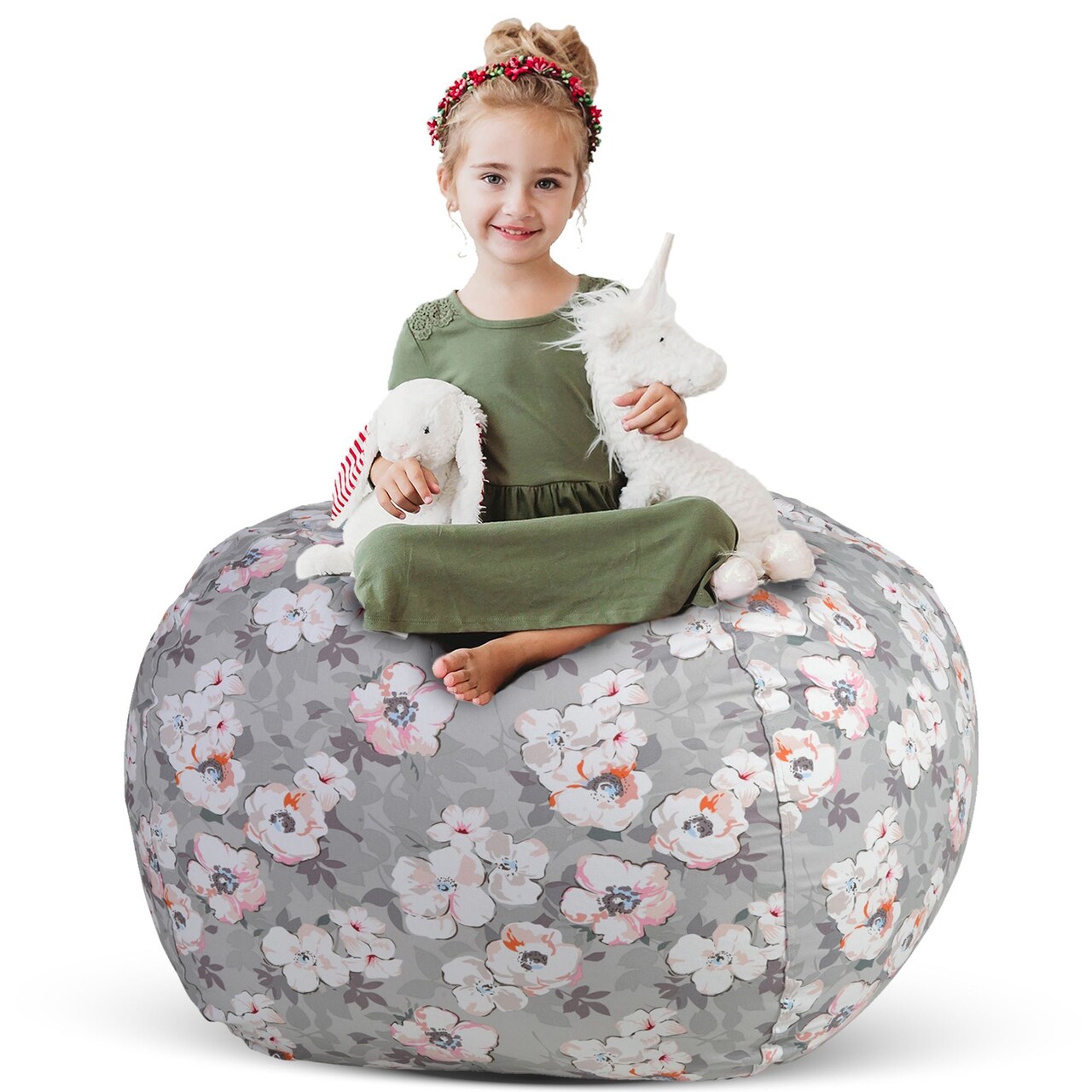 Creative QT Stuff ’n Sit Large 33’’ Bean Bag Storage Cover for Stuffed Animals & Toys, Giant Beanbag Chair for Kids Ages 3-14, Bedroom Organizer for Easter, Gray Floral